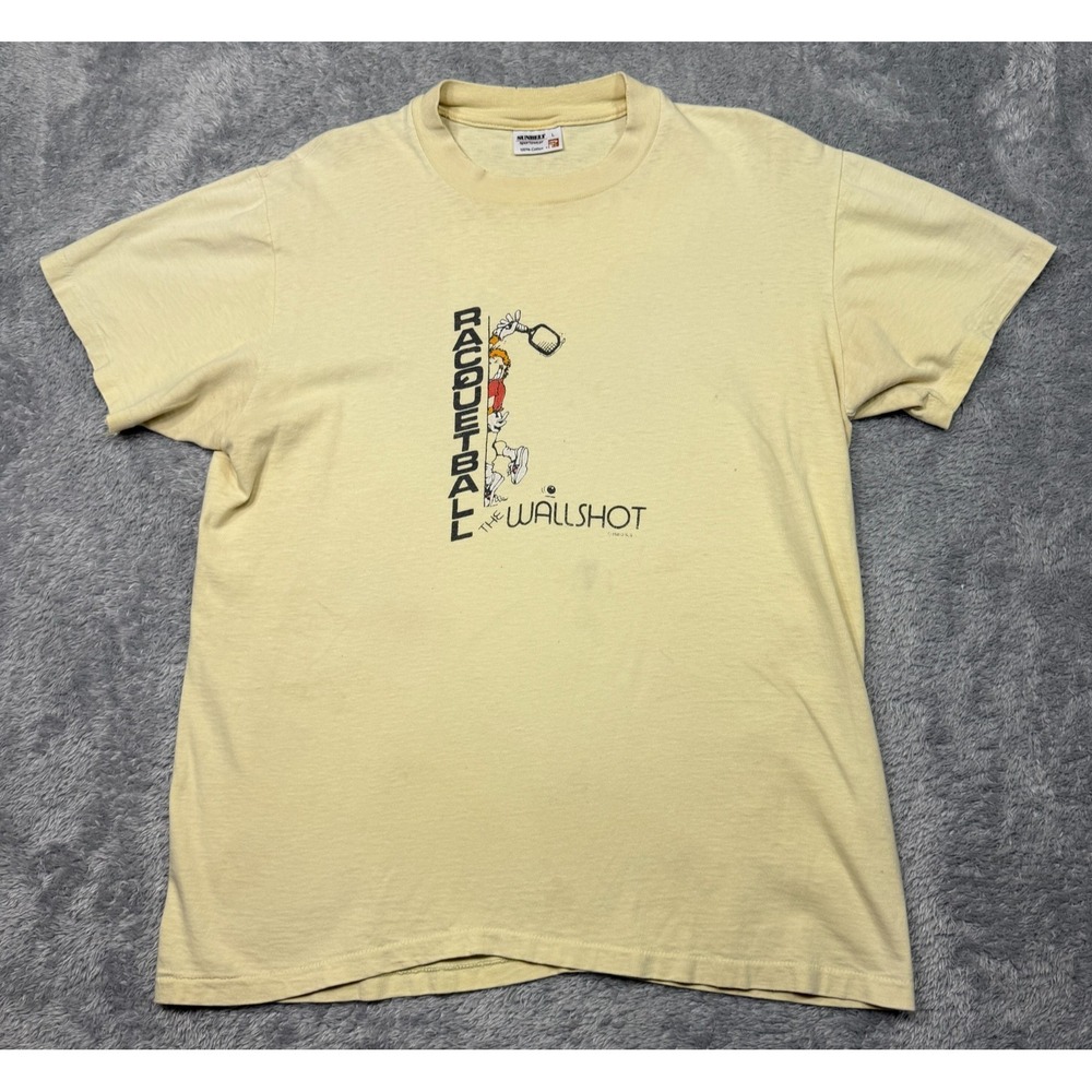 Vintage 80s Racquetball T‎ Shirt Size Large Yellow The Wallshot Single Stitch